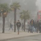 UC Davis students walk through the fog at the transportation terminal on campus